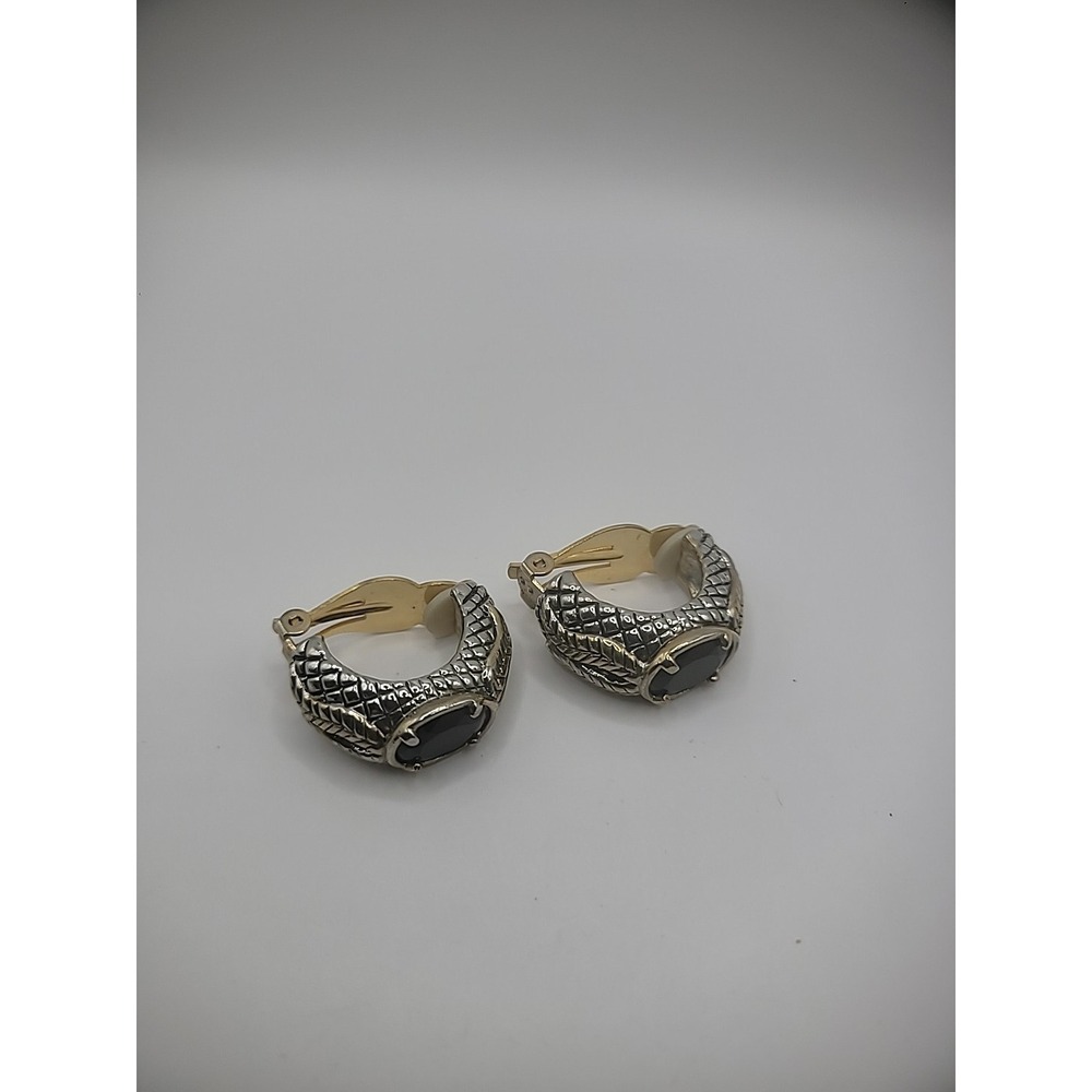 Vintage‎ Silver Tone Earrings Clip On Womens Black Stone Jewelry Costume